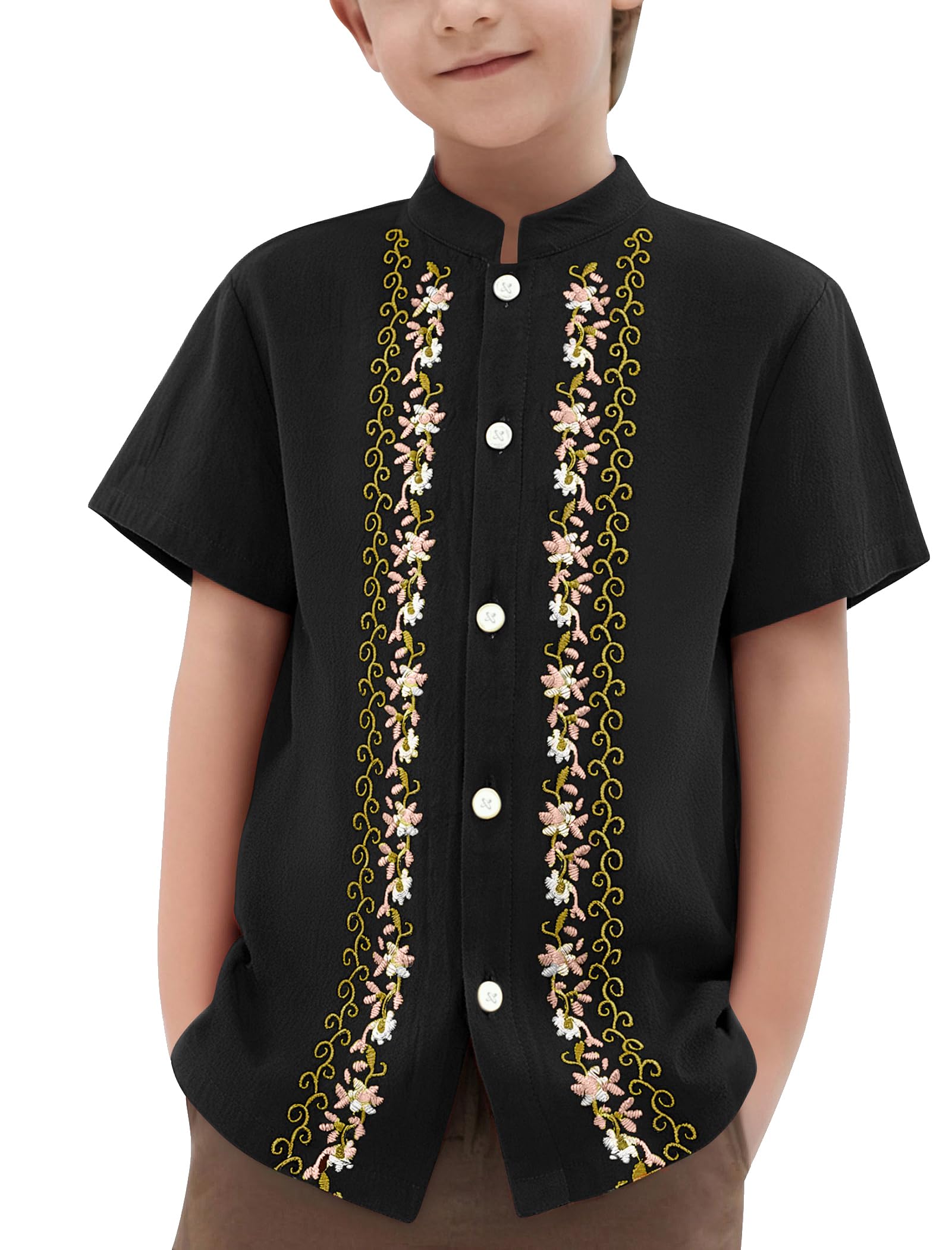 Photo 1 of FYMNSI Boys Shirts Toddler Baby Mexican Guayabera Button Down Shirt Short Sleeve Embroidered Traditional Ethnic Mexico Birthday Cinco De Mayo Outfit Hawaii Beach Holiday Summer Clothes Black 6-7T