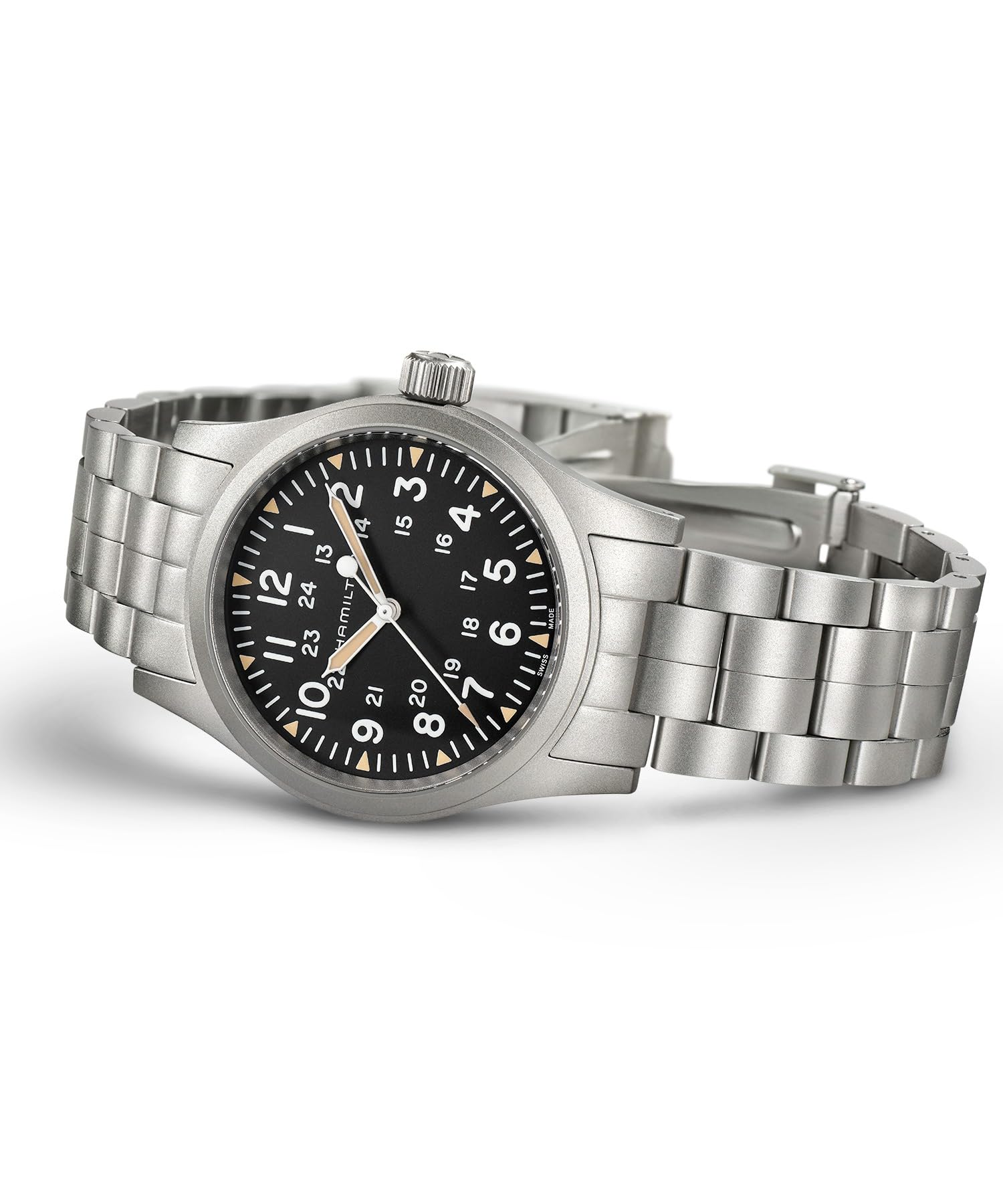 Hamilton Watch Khaki Field Mechanical 38mm Case, Black Dial, Silver Stainless Steel Bracelet (Model: H69439131)