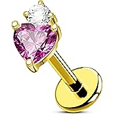 OUFER Body Piercing Titanium Tragus Helix Piercing Jewelry 18G Heart Flat Back Nose Studs 6MM Threadless Pink CZ Cartilage Conch Earring Stud for Women Lip Piercing Jewelry