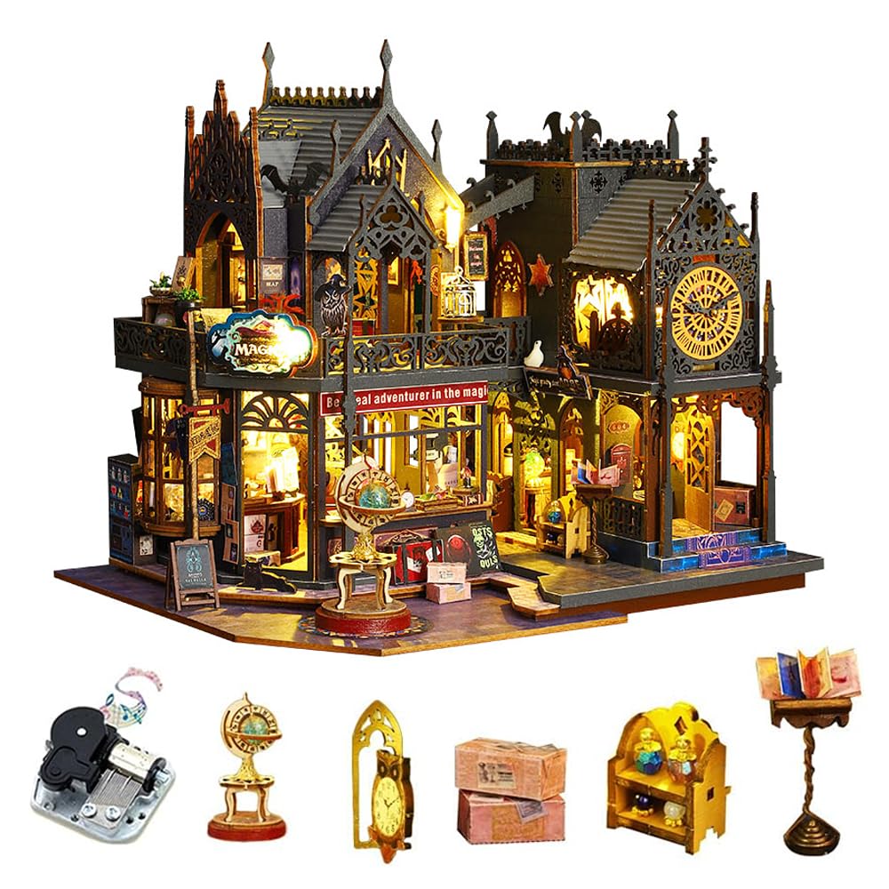 DIY Miniature Dolls House Kit, CUTEROOM Wooden Doll House Kit DIY House Kit with Furnitures and LED Gifts for 14+ Teens Adults (Holo Magic City)