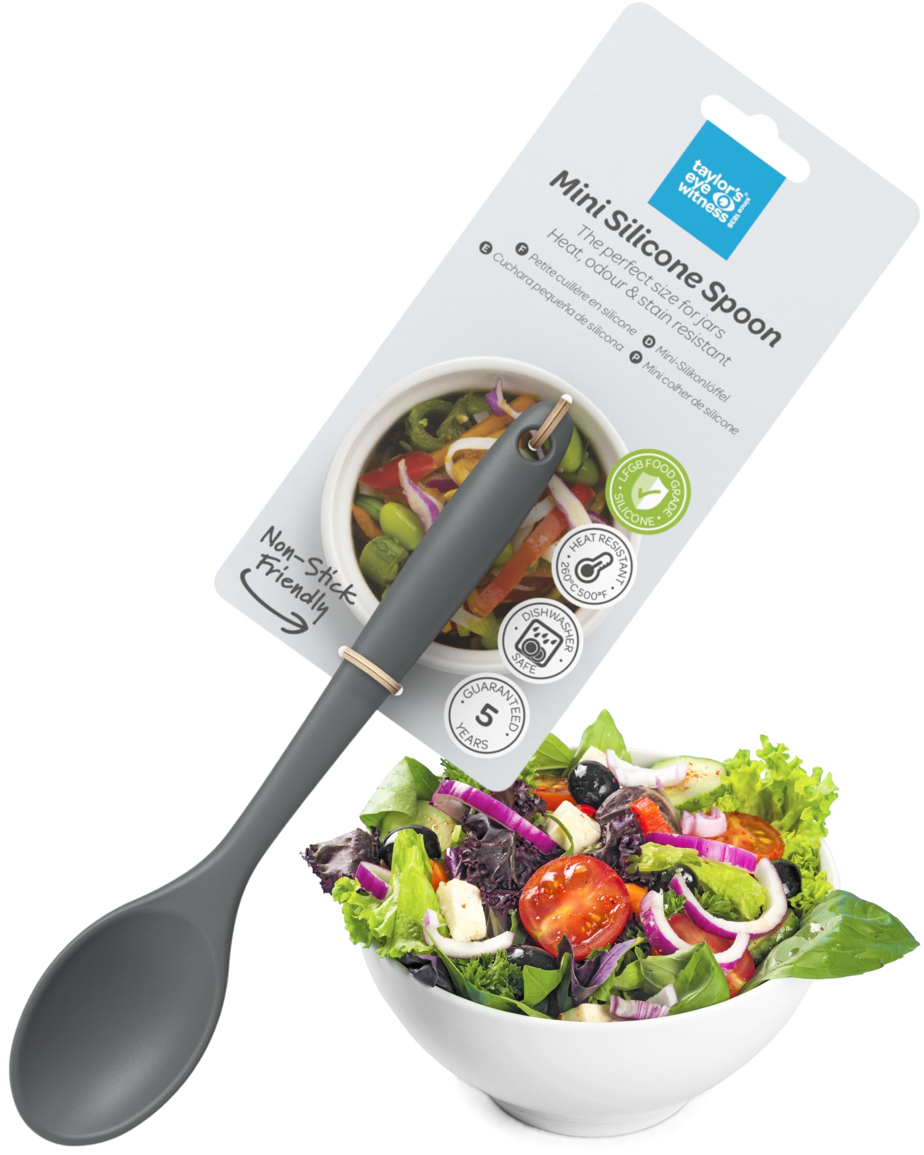 Taylors Eye Witness Mini Silicone Graphite Grey Stirring Spoon - Dishwasher Safe, Perfect for Non-Stick Pans. Small Enough for Jars. Odour, Stain & Heat (260°C/500°F) Resistant. 5 Year Guarantee
