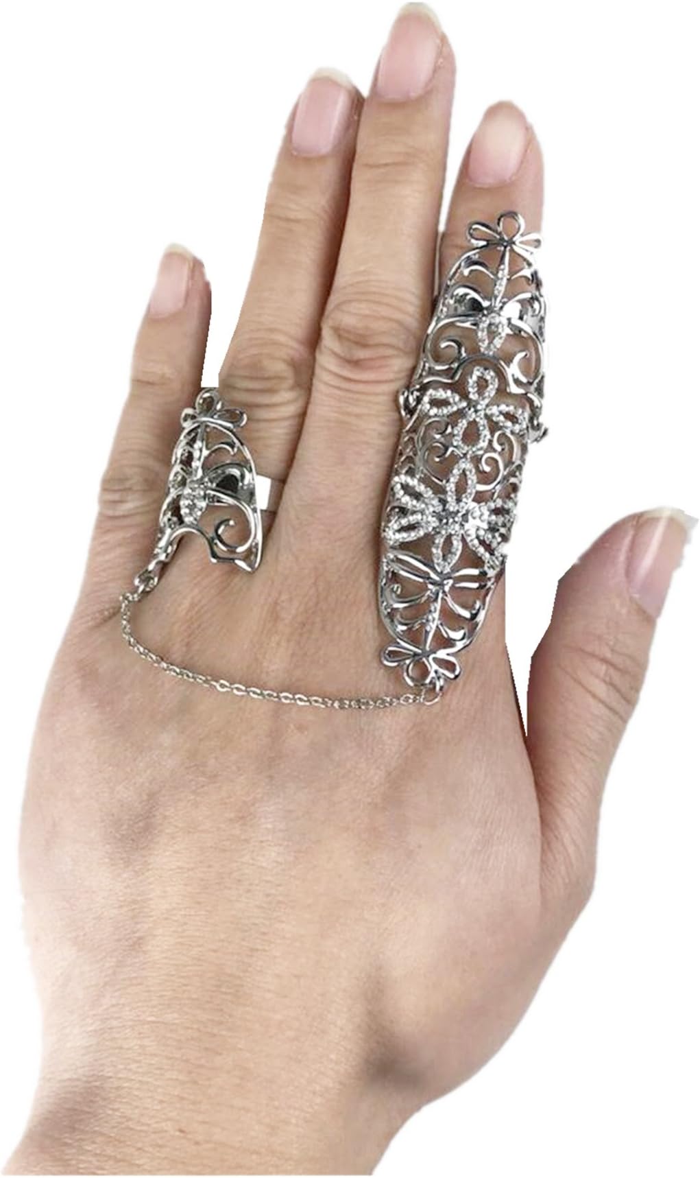 Kingde Silver Rhinestone Full Finger Chain Knuckle Armor Hollow Double Long Ring(R93)