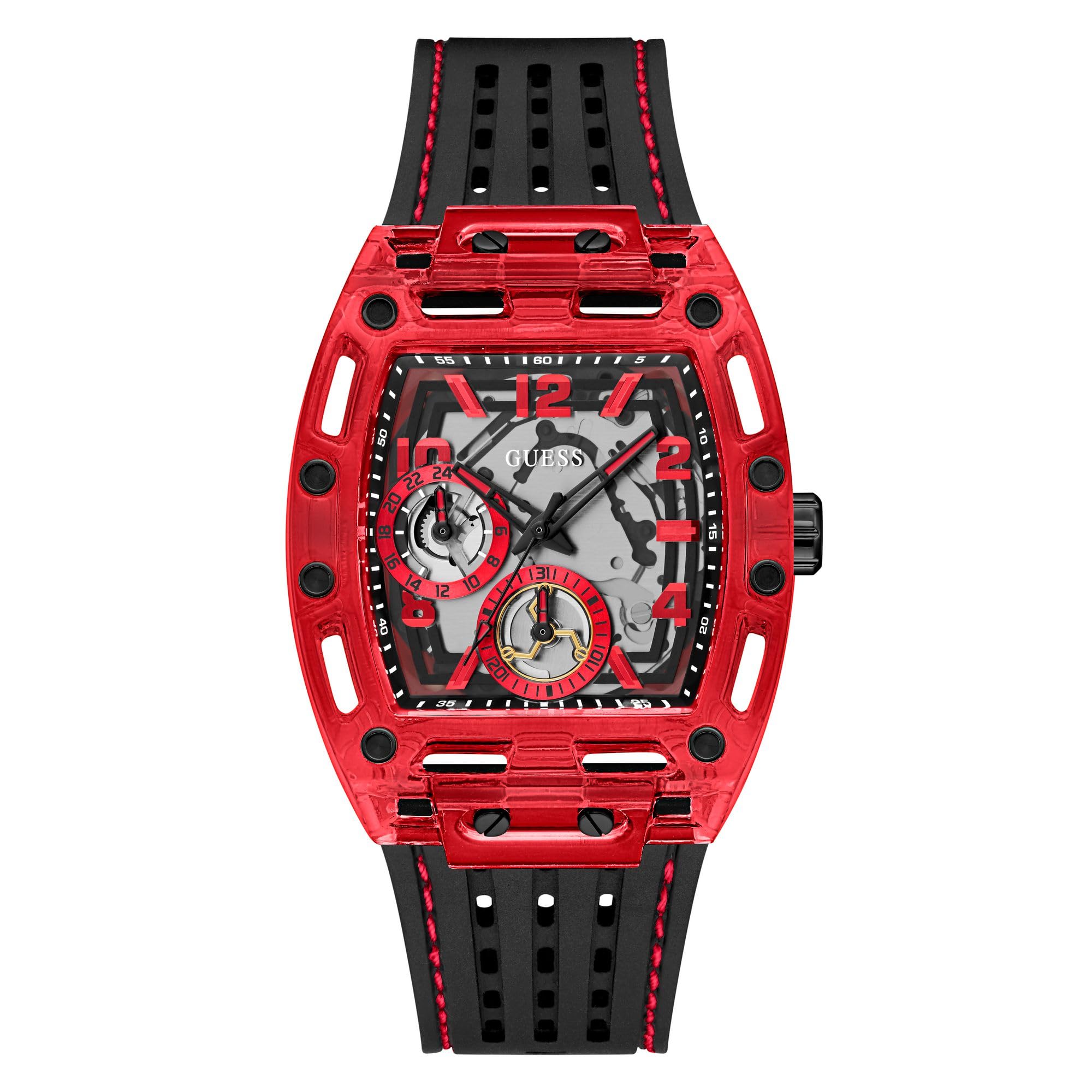 Guess Men's 41mm Watch - Black Strap Black Dial Red Case Image