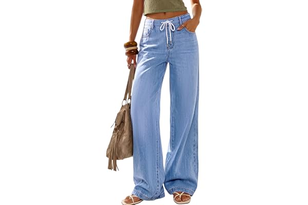PRETTYGARDEN Womens Stretchy Drawstring Wide Leg Jeans | Casual High Waisted, Baggy Straight Fit, Long Denim Pants With Pocke