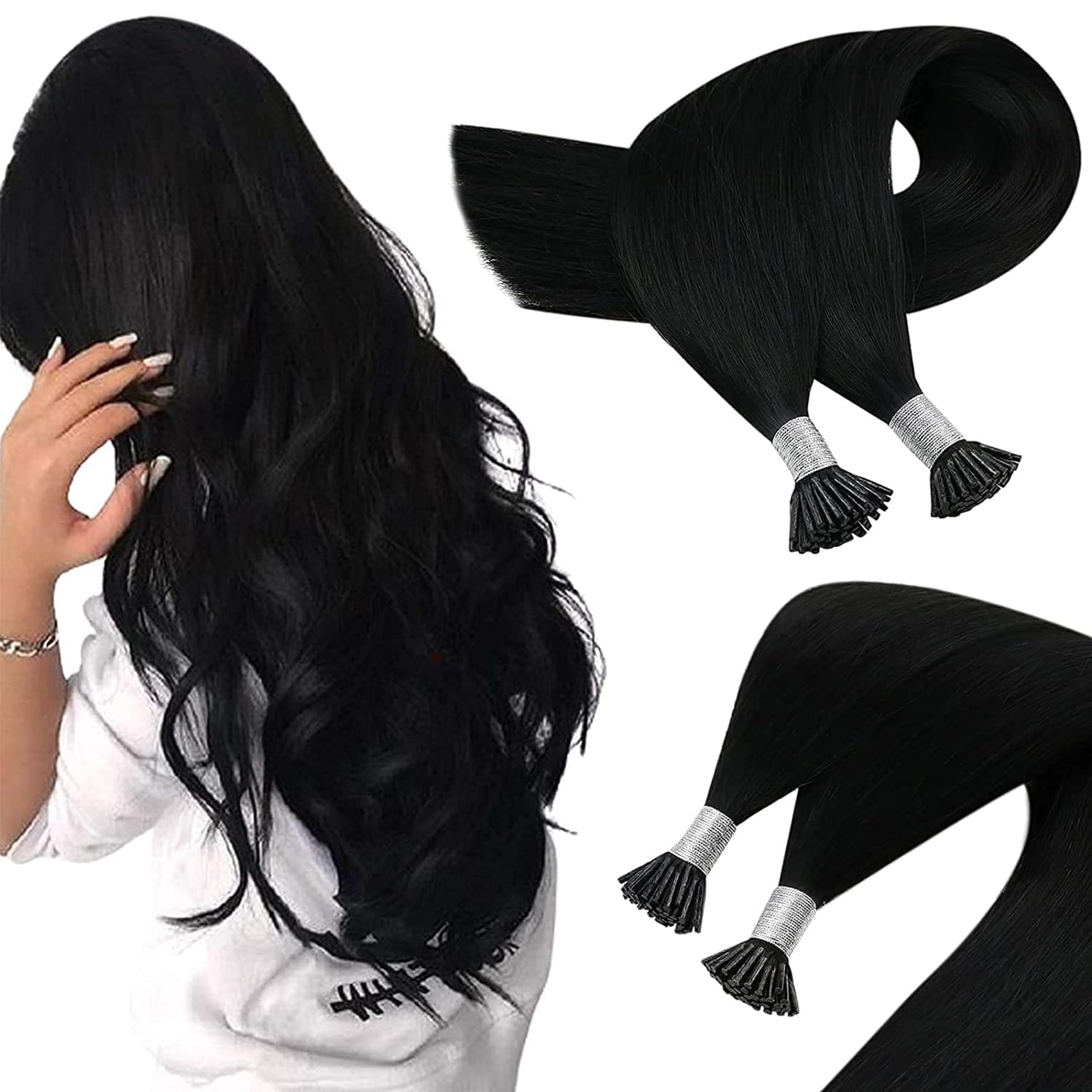 Photo 1 of Sunny Hair Long I Tip Hair Extensions 24inch I Tips Hair Extensions Jet Black Fusion Hair Extensions Soft Itips for Women Itip Human Hair Extensions for Wedding I Tips Fit Any Occasion 50g