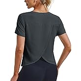 MAGCOMSEN Women's Workout Tops Short Sleeve Athletic Shirts Crop Split Back Tops Gym Running Quick Dry Loose Fit