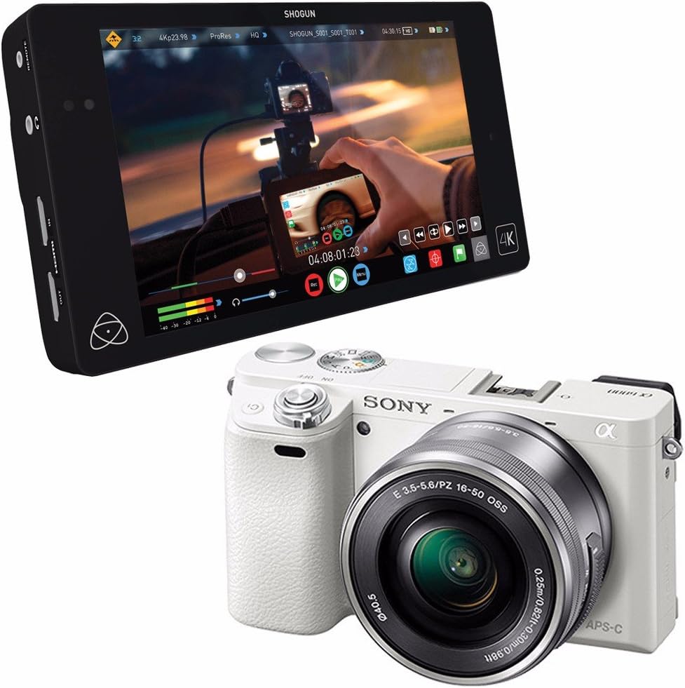 Atomos Shogun 4K HDMI/12G-SDI Recorder and 7" Monitor + Sony Alpha A6000 Digital Camera w/ 16-50 Lens White 6Ave Saver Bundle