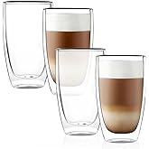 CNGLASS Double Wall Thermo Glass Coffee Cup 13.5 oz,Clear Insulated Glass Coffee Mug for Latte Cappuccino Tea Milk,Set of 4