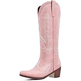 Ouepiano Cowboy Boots for Women Knee High Cowgirl Boots with Classic Embroidered Pull On Pointed Toe Chunky Heel Vintage Wedding Country Western Boot Wide Calf Botas Vaqueras