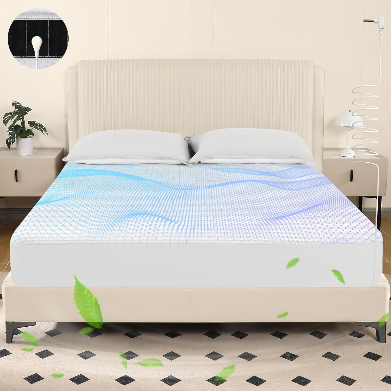 Photo 1 of OneAmg Grounding Sheets King Size, Grounded Fitted Bed Sheet 10% Pure Silver Fiber + 90% Organic Cotton Bed Grounding Kit with grounding Cord for Improved Sleep & Wellness (White,King- 80"x78"x15")