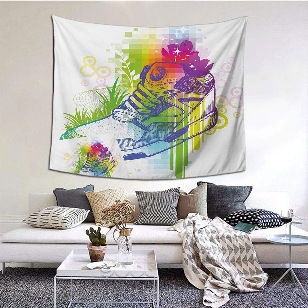 Anyangeight Colorful Tapestry Wall hangings, Hand Drawn Magic Boot with Flowers Dots Grass Pixels with Digital Effect Print Wall Decor for Living Room, 60"x51" Multicolor