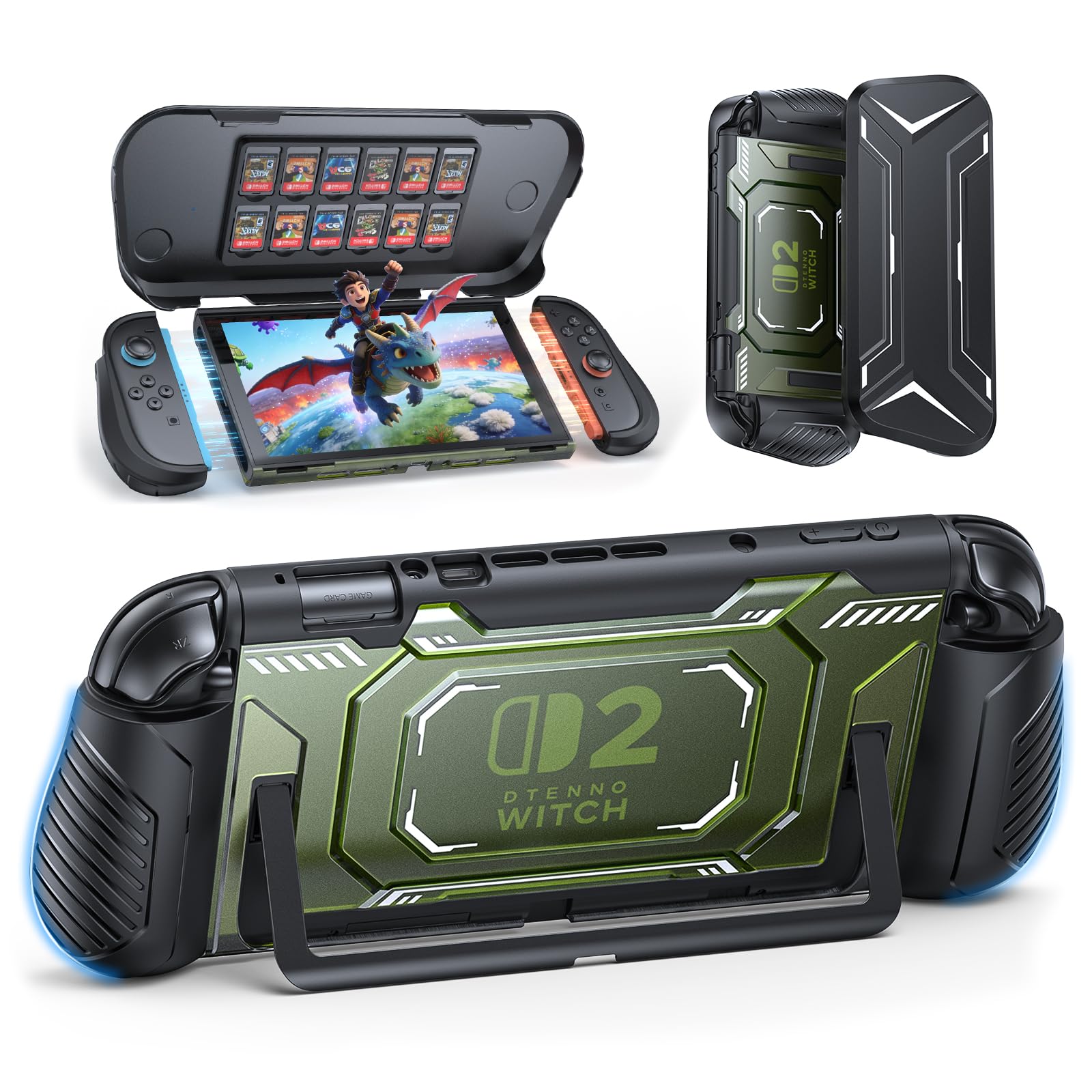 FASTSNAIL Switch 2 Protective Case, Switch 2 Cover with Dockable TPU Middle Frame, Non-Slip Ergonomic Grip for Joycon 2, Anti-Scratch PC Front Cover with 12 Game Card Slots for Switch2 - Green
