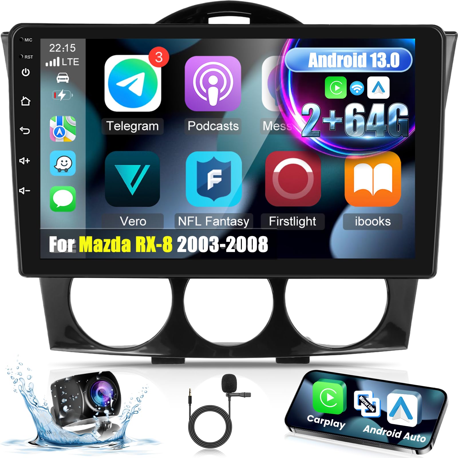 Photo 1 of [2+64G] Android Car Radio for Mazda RX-8 2003-2008 with Wireless Carplay and Android Auto - 9 Inch Touchscreen Car Stereo - DSP/Multiple UI/WiFi/GPS Navigation/SWC + AHD Backup Camera