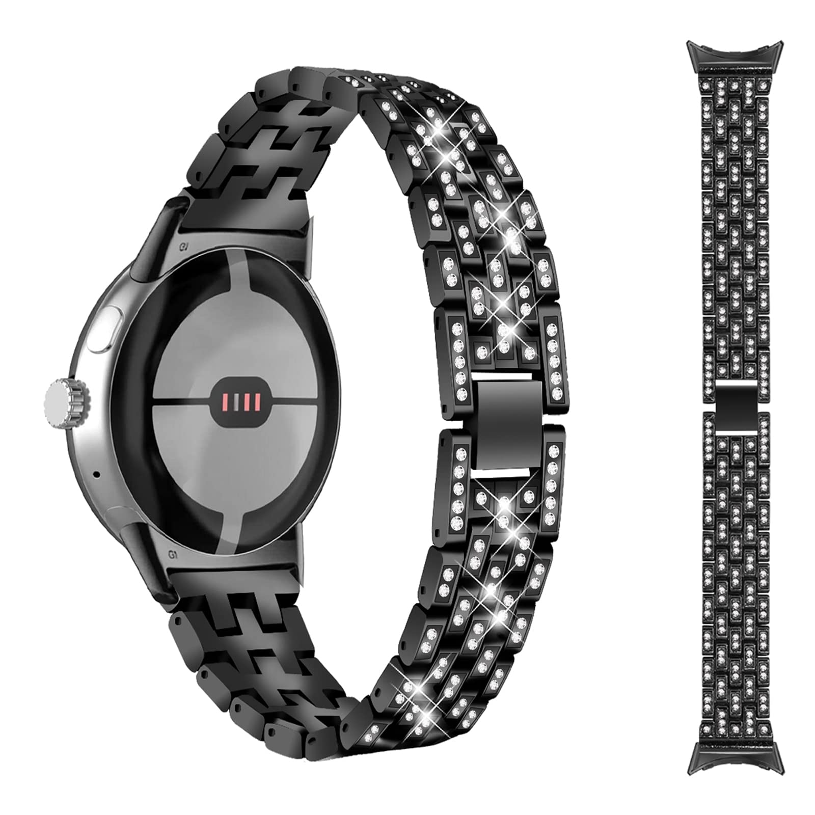 Miimall Compatible with Google Pixel Watch Metal Strap, Bling Diamond Rhinestone Stainless Steel Bracelet Band Women Adjustable Replacement Strap Wristband for Pixel Watch - Black — image 1
