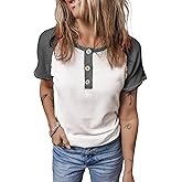 KINLONSAIR Women's Summer Color Block Short Sleeve T Shirt Casual Button Down Slim Fit Crewneck Henley Shirts