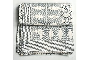 SAMBHAV QUILT HUB White&Black Handblock Kantha Quilt Indian Kantha Quilt, White Cotton Blanket Handmade Bedspread Hand Block Print, 100% Cotton Bedspread Blanket Throw (90X108 inch)