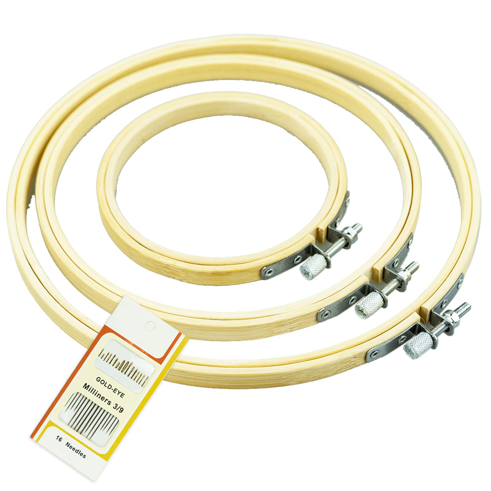 SZCXDKJ 3Pcs 3 Sizes Round Bamboo Embroidery Hoop Circle Cross Stitch Hoop Ring for Craft Sewing,with Gold Eye Embroidery Needles, Embroidery Hoop