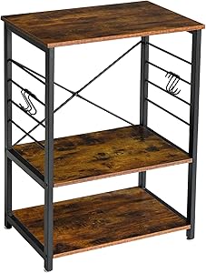 YMYNY Industrial Microwave Oven Stand, 3-Tier Kitchen Baker's Rack with Metal Frame and 6 Hooks, Multifunctional Coffee Bar for Living Room Decoration, Rustic Brown UTMJ022H
