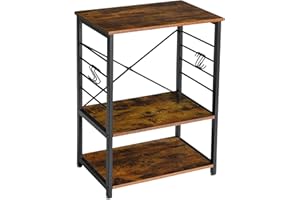 YMYNY Standing Baker's Racks, 3-Tier Kitchen Microwave Oven Stand with Metal Frame and 6 Hooks, Multifunctional Coffee Bar Table for Living Room, Panel Height Adjustable, Rustic Brown, UHTMJ022H