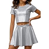 Happy Cherry Girls Metallic Crop Tops with Shiny Pleated Skirt 2 Pcs Set Kids Short Sleeve Sparkly Dance Disco Outfits 3-14Y