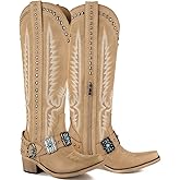 Yolkomo Cowboy Boots for Women Knee High Western Cowgirl Boots with Embroidery Belt Buckle Chains
