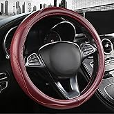 PJBTYZ High-Grade Wine Red Genuine Leather Steering Wheel Cover for Men Women，Real Cowhide Leather Steering Wheel Cover for Cars,Universal 14.5-15 inch Steering Wheels