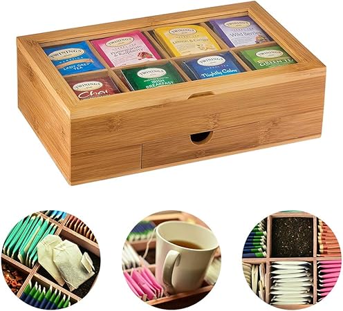 Caja de té de bambú, SUNJULY cofre de té de madera con 8 divisores, cajón y