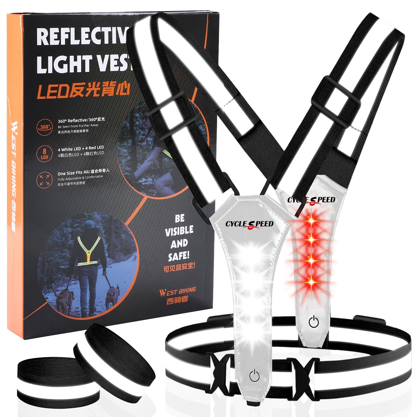 CYCLESPEED LED Running Vest with Red Back Light, High Visibility Running Lights for Runners, Elastic Adjustable Night Walking Light Up Vest, USB Rechargeable Running Gear for Jogging Walking (Black)