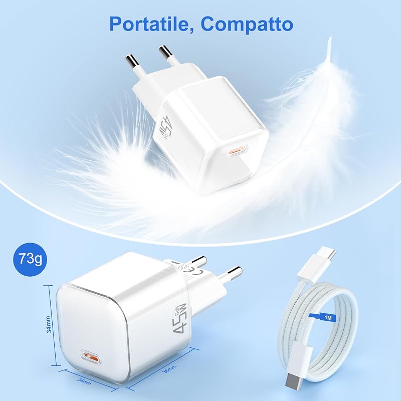 45W Caricatore USB C Caricabatterie：GAN PD3.0 Alimentatore USB C Rapido Compatto Carica Batterie Cellulare con 60W Cavo Type-C 1M Spina Ricarica Adattatore Tipo C Presa Spinotto per Smartphone