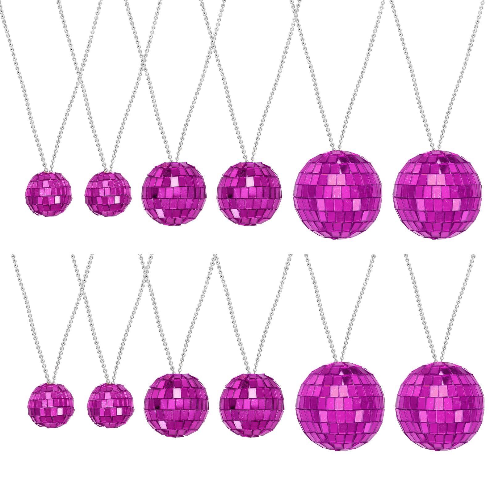 sourcing map Mirror Disco Ball Necklace, 1.2"/1.5"/2" 70s Disco Party Necklaces for Costume Game Dance Supplies Birthday Parties Festival Jewelry Accessories, (Rose Red, Pack of 12)