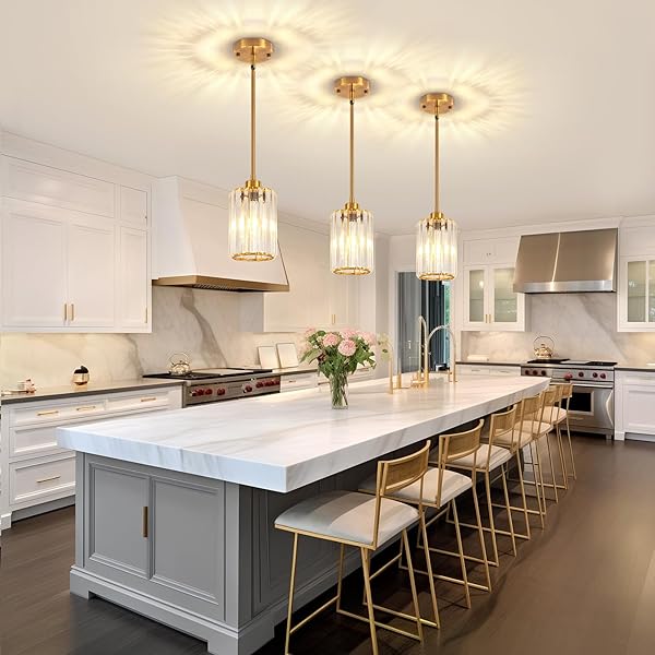 3 PACK BRUSHED GOLD PENDANT LIGHTS KITCHEN ISLAND, MODERN CRYSTAL PENDANT LIGHTING OVER ISLAND KITCHEN LIGHT FIXTURES HALLWAY CEILING LIGHTS ADJUSTABLE HANGING PENDANT LIGHT FOR BATHROOM FOYER