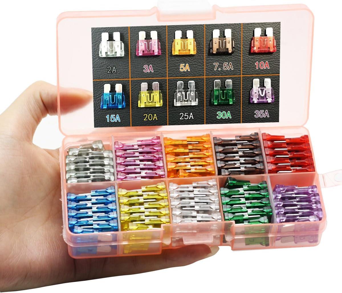 GlowGeek 100pcs Assorted Auto Car Truck Standard Blade Fuse Assortment 2A 3A 5A 7.5 A 10A 15A 20A 25A 30A 35A Car Boat Truck SUV Automotive Replacement Fuses: Automotive