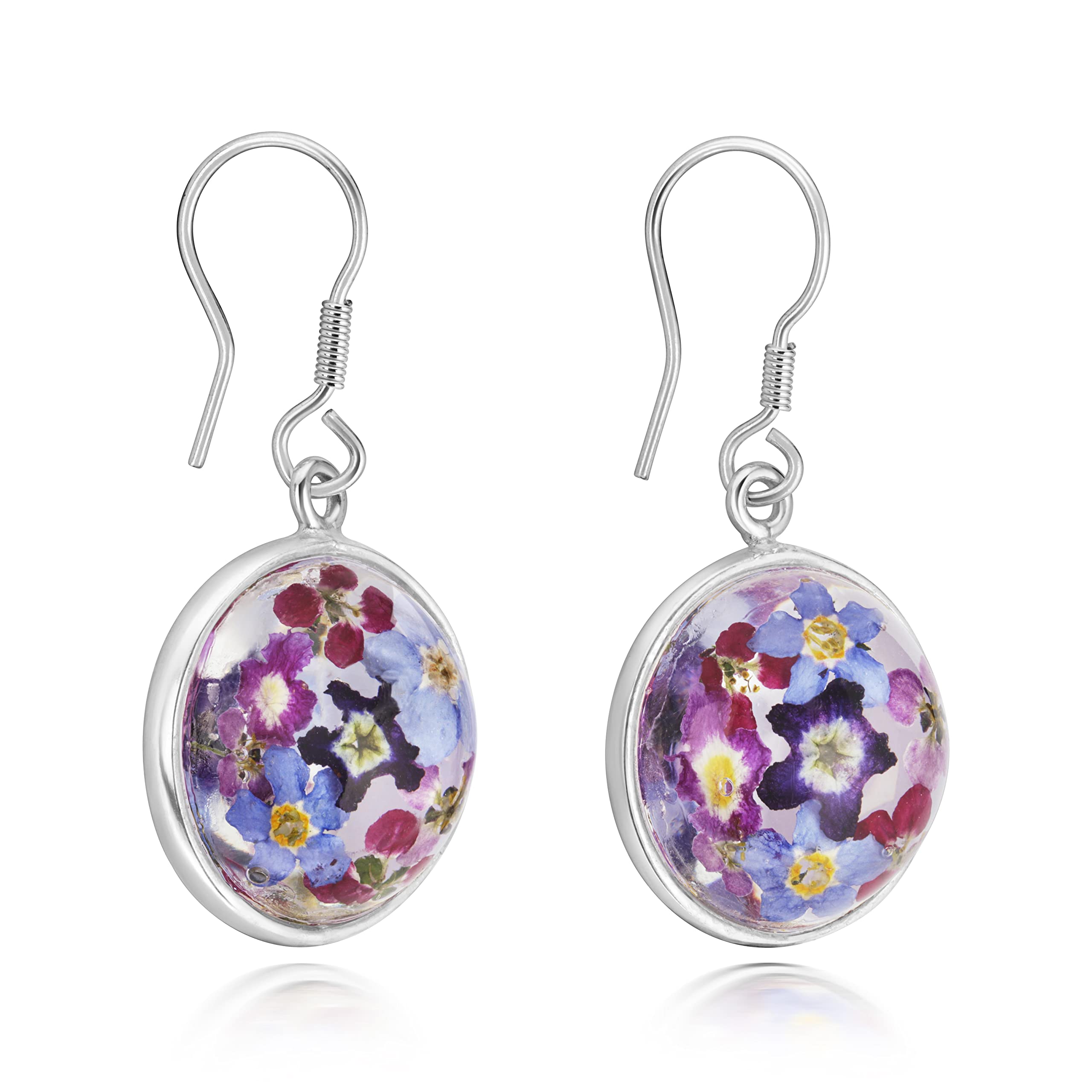 Natural Flower Jewellery Sterling Silver Round Domed Drop Earrings Made With Real Puple flowers