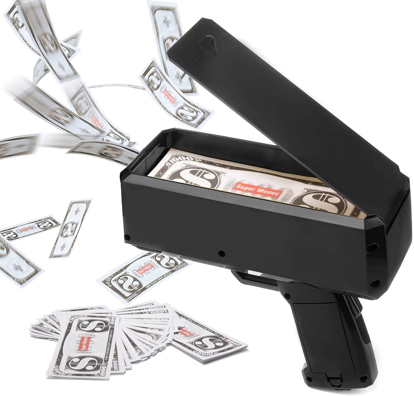 Photo 1 of Rozotkoe Black Money Gun Shooter Handheld Cash Money Gun Spraying Machine Money Dispenser with 100pcs Bills Loading Capacity Prop Gun for Birthday Wedding Party, Night Club