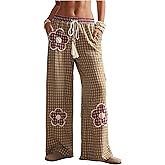 BEAUDRM Women's Floral Patch Baggy Pants Plaid Drawstring Waist Wide Leg Causal Trousers with Pockets