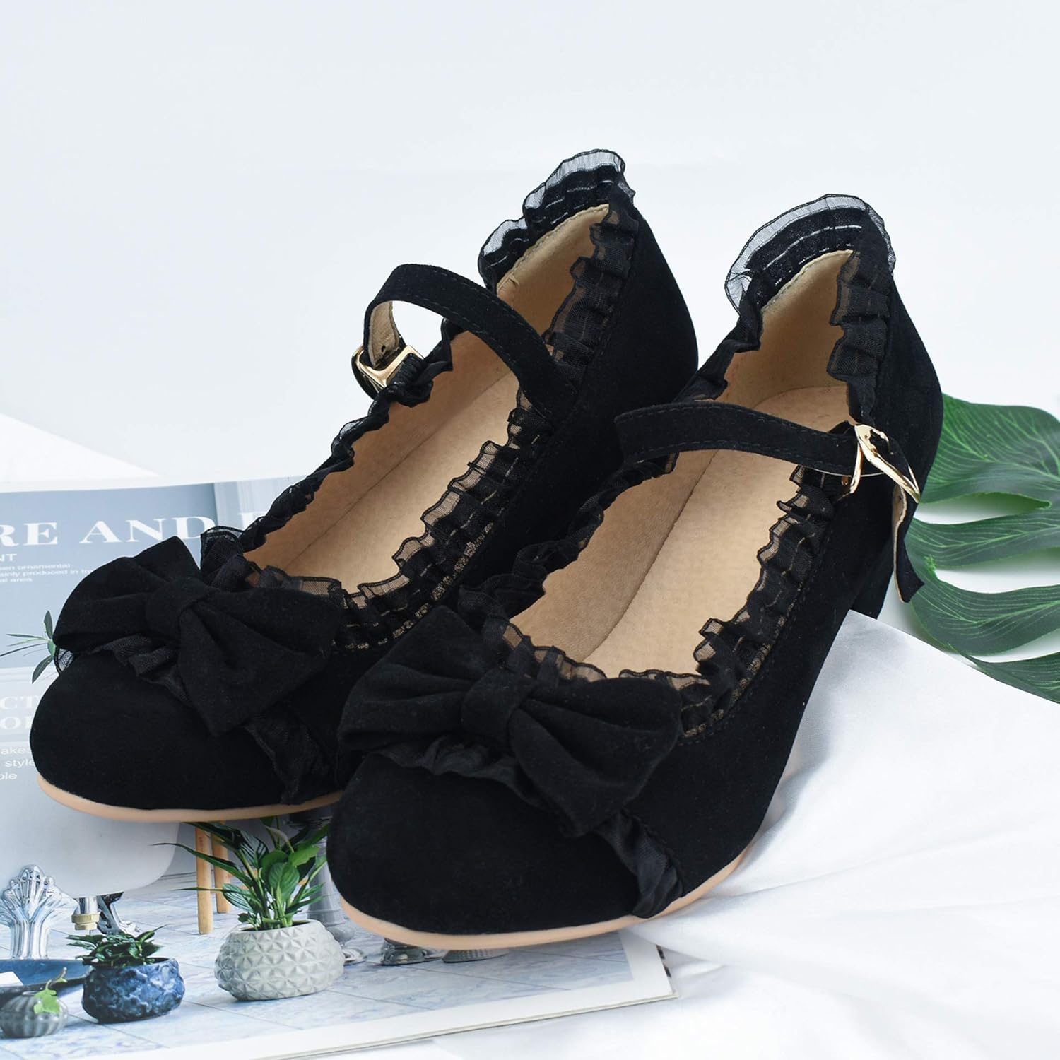  | 100FIXEO Woman's Low Heel Lolita Shoes Cute Lace Bow Mary Jane Pumps | Pumps