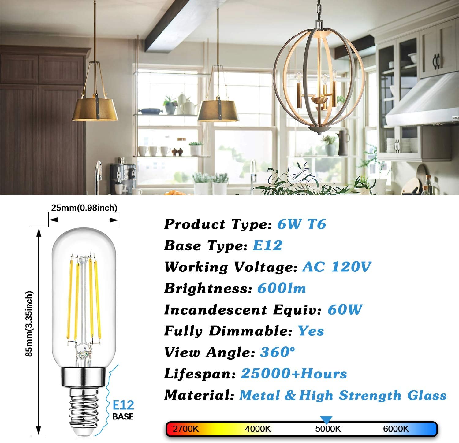 Dimmable T6 LED Bulbs 60W Equivalent Incandescent Candelabra, 6W 600lm E12 Edison Light Bulb, 5000K Daylight White, Clear Tubular Bulb, Small Filament Bulb for Chandelier Ceiling Light, 12-Pack - - 