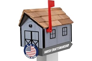 Peaceful Classics Amish Cedar Roof Wooden Mailbox with Window & Door Trim, Handcrafted Mailboxes for Outside, Post Mount Residential Mailboxes - (Gray with Black Trim)