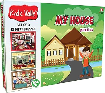 Kidz Valle My House Jigsaw Floor Puzzles for Kids Age 3 Years and Above, 18.4 X 13.3 cm, 3 x 12 Pieces - Set of 3