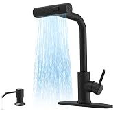 JOOM Black Waterfall Kitchen Faucet with Pull Down Sprayer &amp; Soap Dispenser | Stainless Steel Single Handle Faucet with 3 Spray Modes for Farmhouse, RV, Laundry, Bar and Utility Sinks