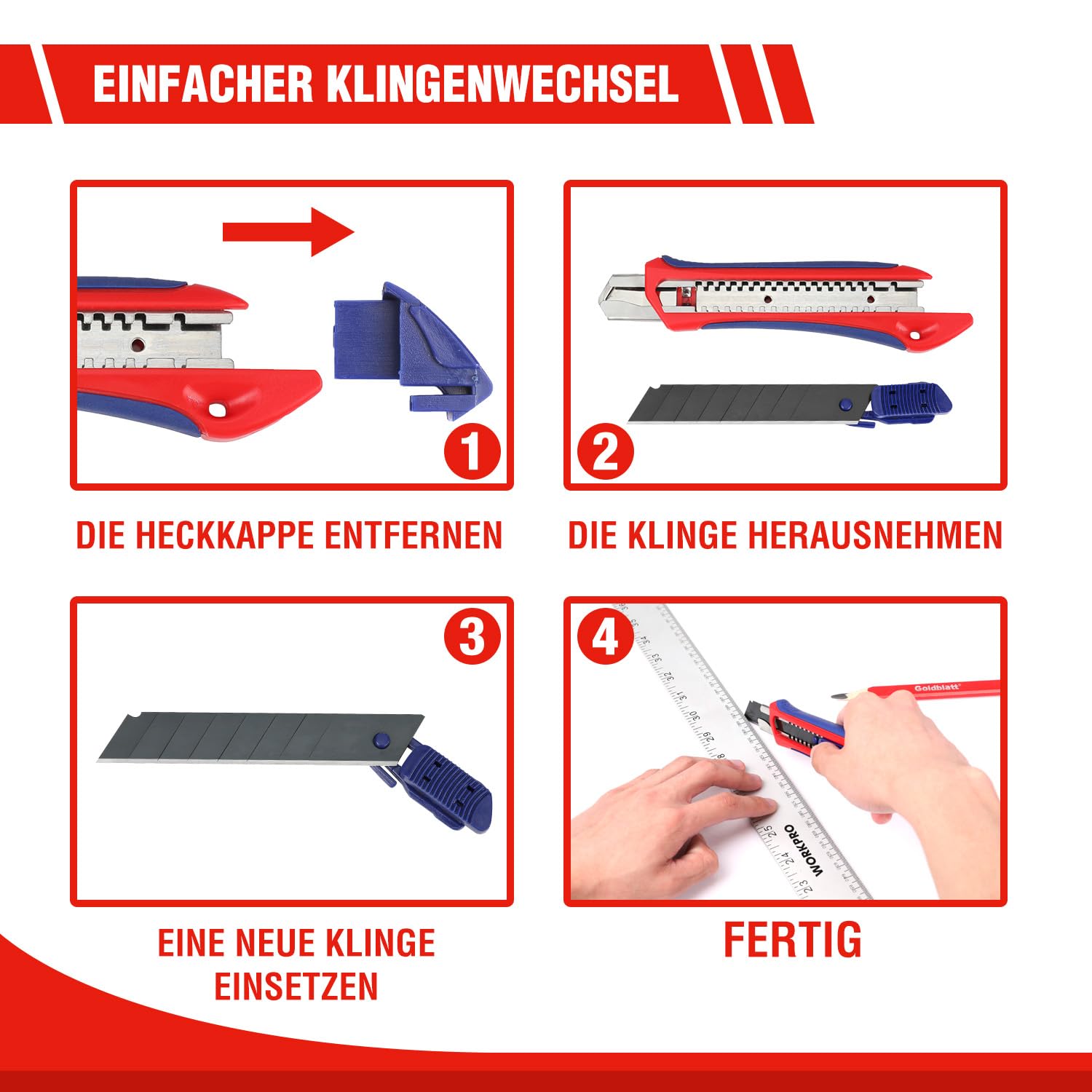 WORKPRO 5 Stück Cuttermesser Set 18mm mit 20 Ersatzklingen aus SK5, Profi Cuttermesser Abbrechklinge Kartonmesser, Mehrzweck Messer Allzweckmesser mit Gummigriff, Schneiden zum Papier, Karton 8