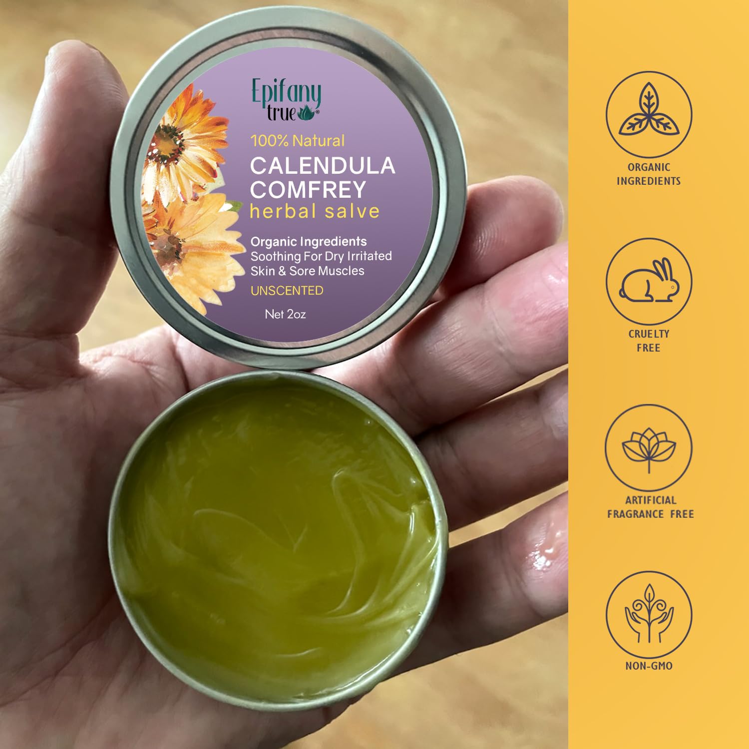 All-Purpose Calendula & Comfrey Herbal Salve 2oz, Fragrance Free, Natural Herbal Ointment, Dry Skin Soothing Balm, Itch Relief, Organic Ingredients