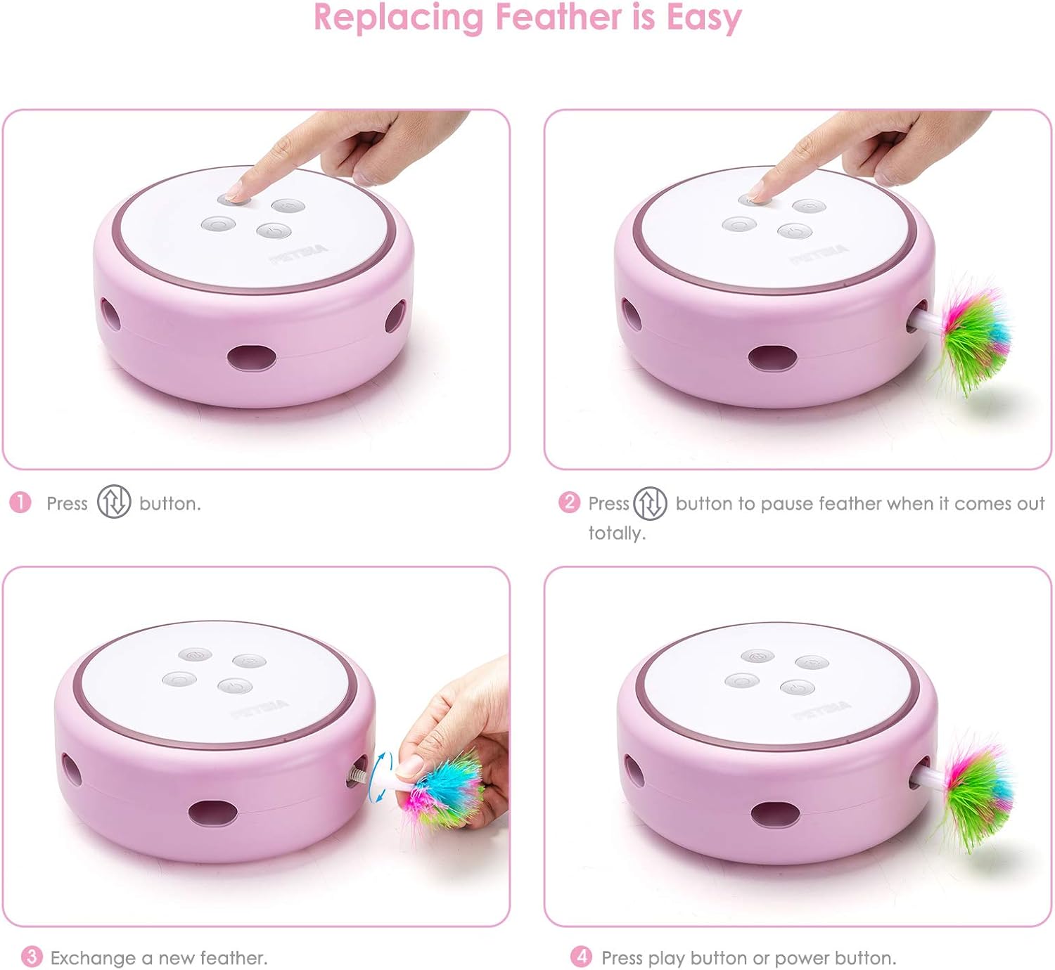 PETBIA Interactive Cat Toy, Electronic Automatic Cat Toys with Random Rotating Feather Pop and Play for Cats (15 Minutes Auto-Shut Off/Continuous Plays Available) - Pink : Pet Supplies