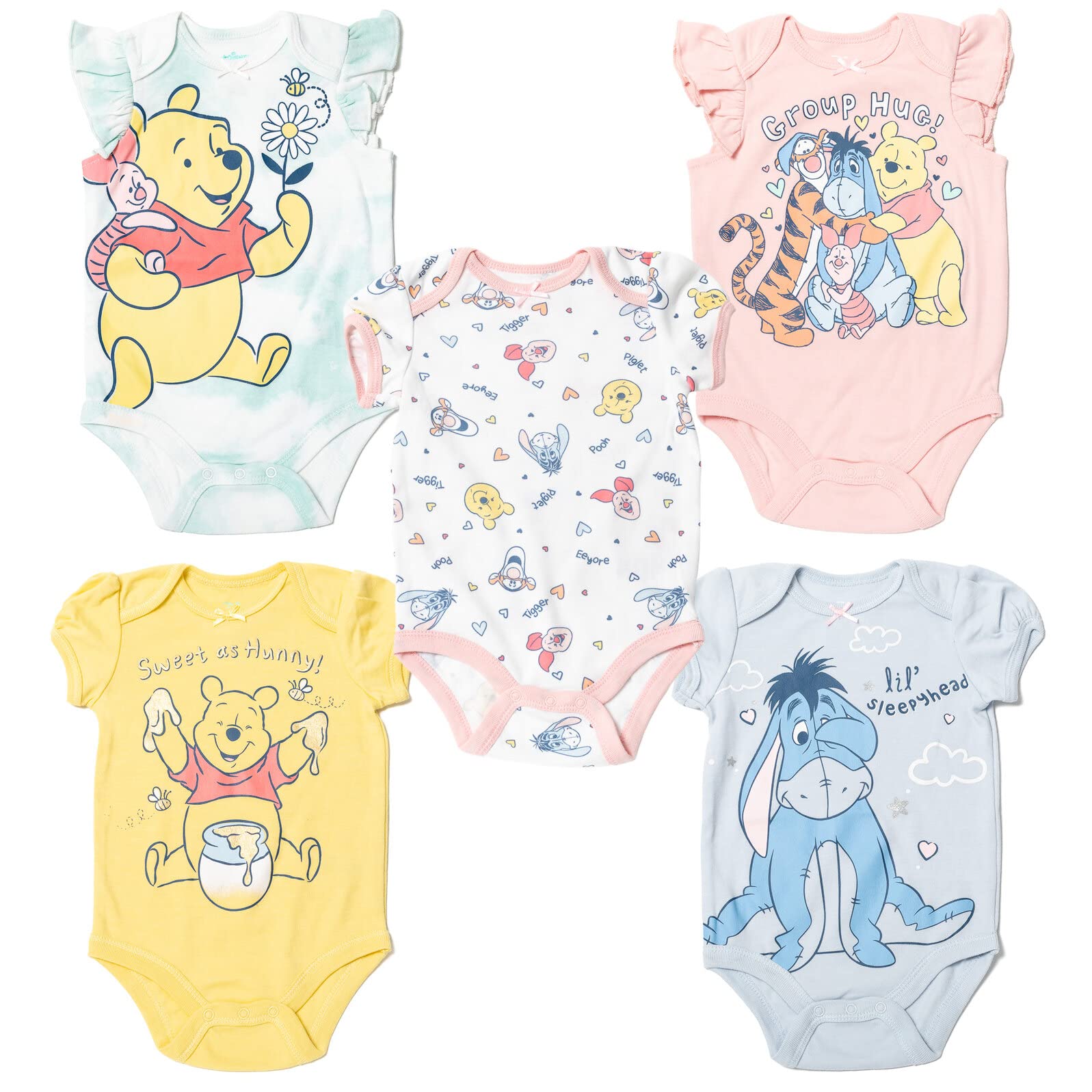 Disney Winnie the Pooh Eeyore Tigger Newborn Baby Girls 5 Pack Bodysuits Newborn Image