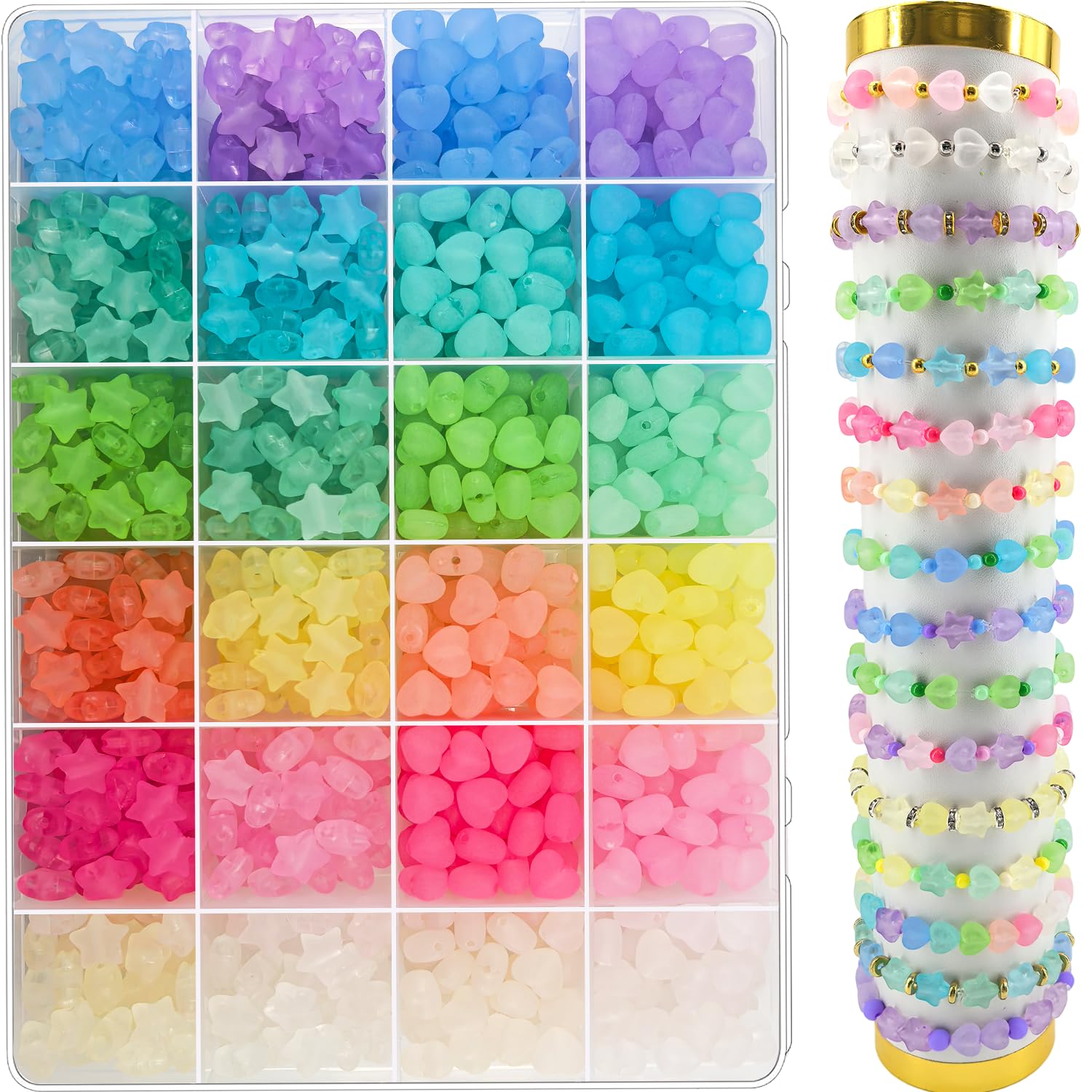 Photo 1 of 1000Pcs Matte Acrylic Star Beads Hart Beads for Bracelet Jewelry Making Jelly Color Frosted Pastel Beads Colorful Cute Aesthetic Kawaii Bead Charms for DIY Necklace Keychain Phone Charms