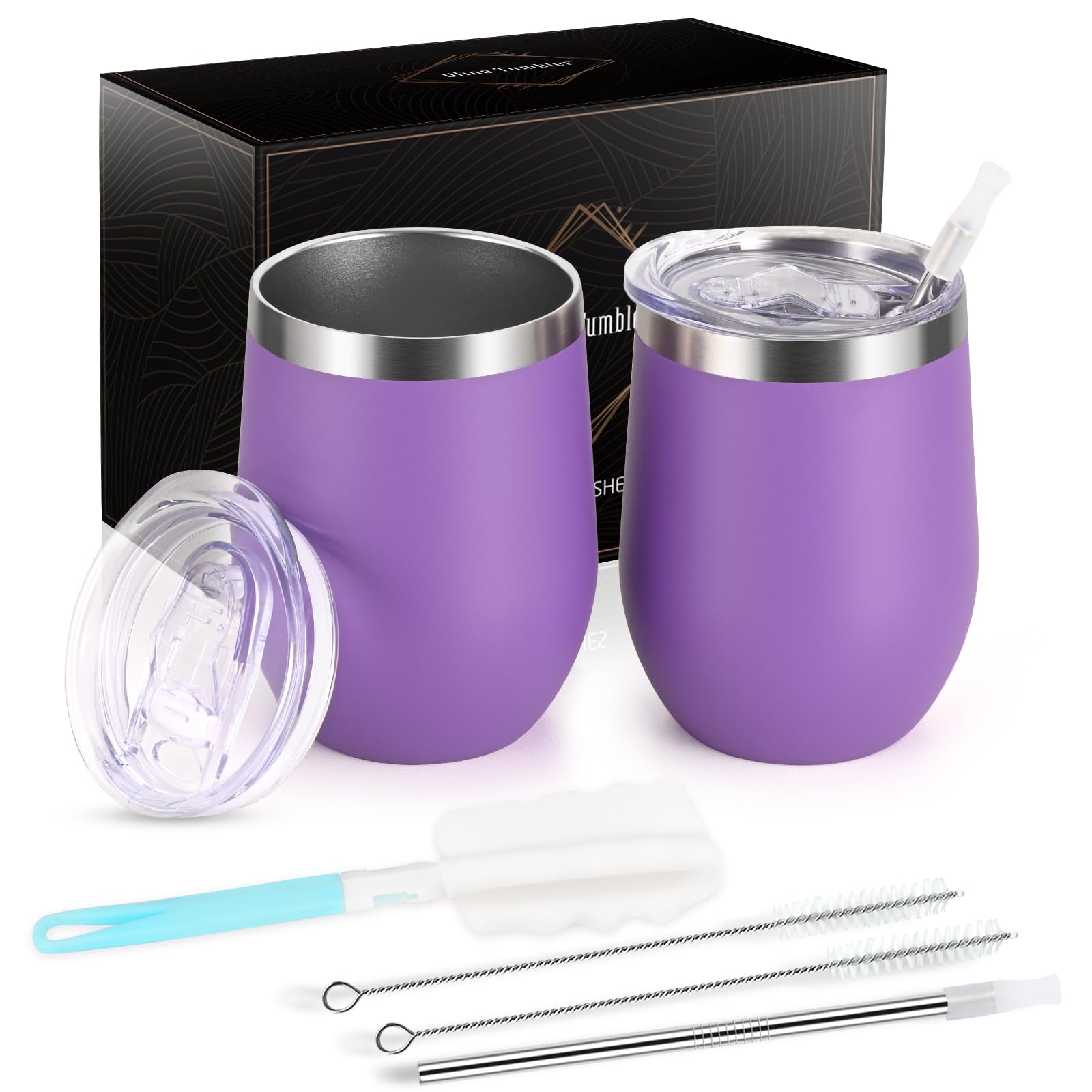 Joymaking 12oz Reusable Coffee Cup, 2 Pack Double Walled -Insulated Travel Mug Vacuum Stainless Steel Wine Tumbler with Spill Proof Lid, Great for Coffee, Tea, Milk and Wine, Purple