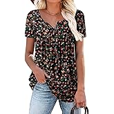 Mystry Zone Womens Henley V Neck Casual Blouse Button Down T Shirts Flare and Flowy Tops