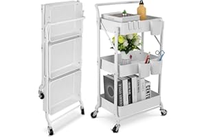 johgee Foldable 3 Tier Metal Utility Rolling Cart, Folding Mobile Multi-Function Storage Trolley Organizer Cart for Home Library Office(White)