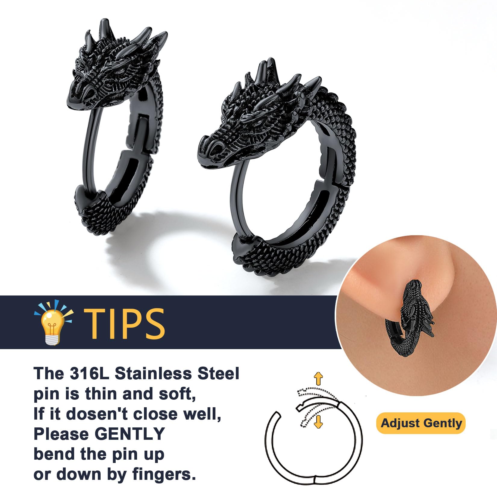 U7 Dragon Earrings Stainless Steel/18K Gold/Black/S925 Sterling Silver Hoop Earrings for Men Women, Personalized Punk Rock Huggie Earrings, Hypoallergenic