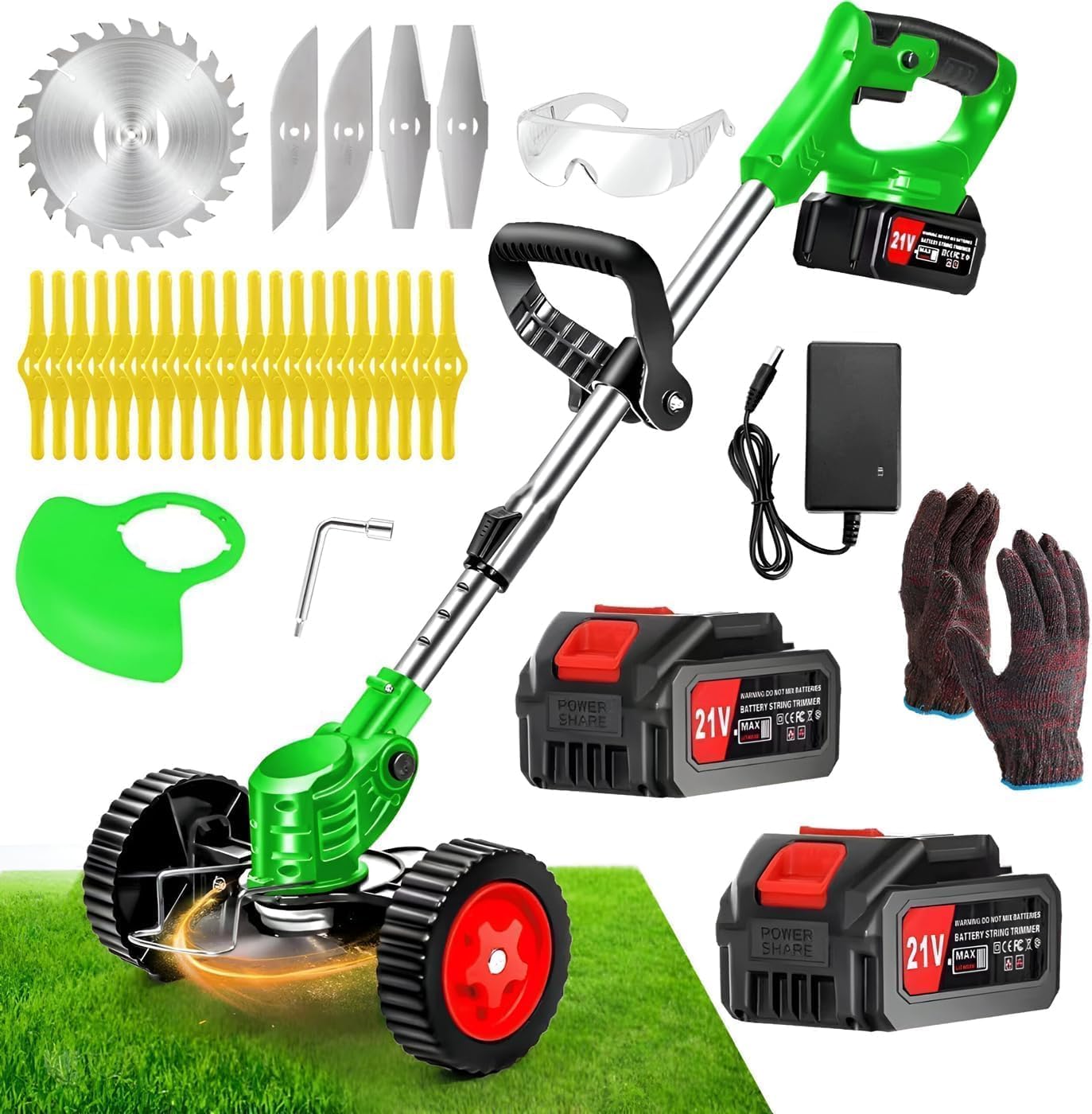 Cordless Weed Wacker Electric Grass Trimmer 21V Battery Powered | 3-in-1 Brush Cutter with Wheels, Lightweight for Lawn & Garden